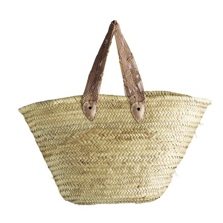 Basket in straw with woven cotton handles, pink and curry